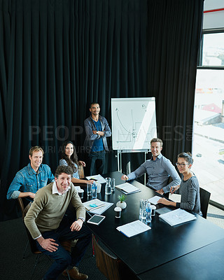 Buy stock photo Man, presentation and portrait in office for meeting, business planning and white board demonstration. Presenter, company and goals or idea with strategy, collaboration with professional for project