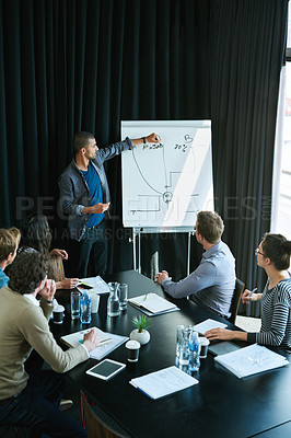 Buy stock photo Man, presentation and employees in boardroom for meeting, business planning and white board demonstration. Presenter, company and goal or idea with strategy, collaboration or professional for project