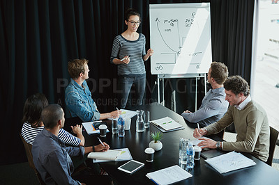 Buy stock photo Woman, presentation and employee in boardroom for meeting, business planning and white board demonstration. Presenter, company and goal or idea and strategy, collaboration or professional for project