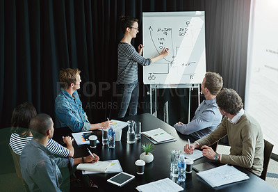 Buy stock photo Woman, presentation and office meeting with people, development for information and business plan and project. Professional, staff and discussion with presenter with whiteboard, strategy and coworker