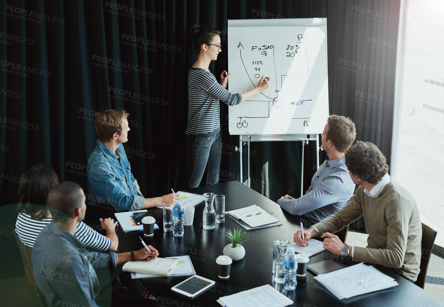 Buy stock photo Woman, presentation and office meeting with people, development for information and business plan and project. Professional, staff and discussion with presenter with whiteboard, strategy and coworker