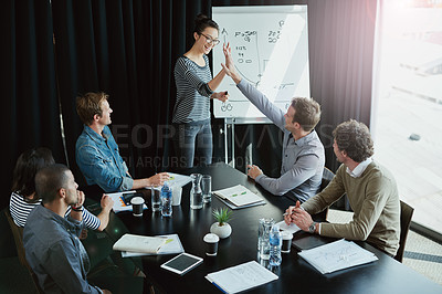 Buy stock photo Team, presentation and high five in boardroom for meeting, business planning and white board demonstration. Presenter, company and goal or idea with strategy, collaboration or professional project