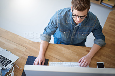 Buy stock photo Computer, creative and typing with man in office for service designer, workflow mapping and website ui.  Project management, target audience and feedback with person and above for web startup