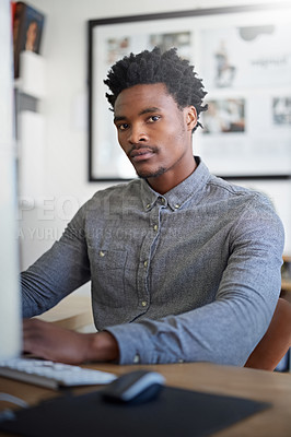 Buy stock photo Computer, portrait and research with black man in office for service designer, workflow mapping and website ui. Project management, target audience and feedback with person and online for startup