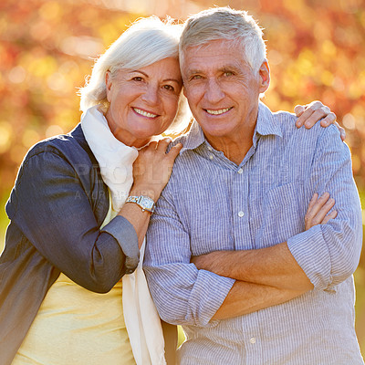 Buy stock photo Love, portrait and senior couple hug in a park with trust support and care, fun and bonding in nature. Travel, happy and face of elderly people at vineyard for anniversary, celebration or vacation