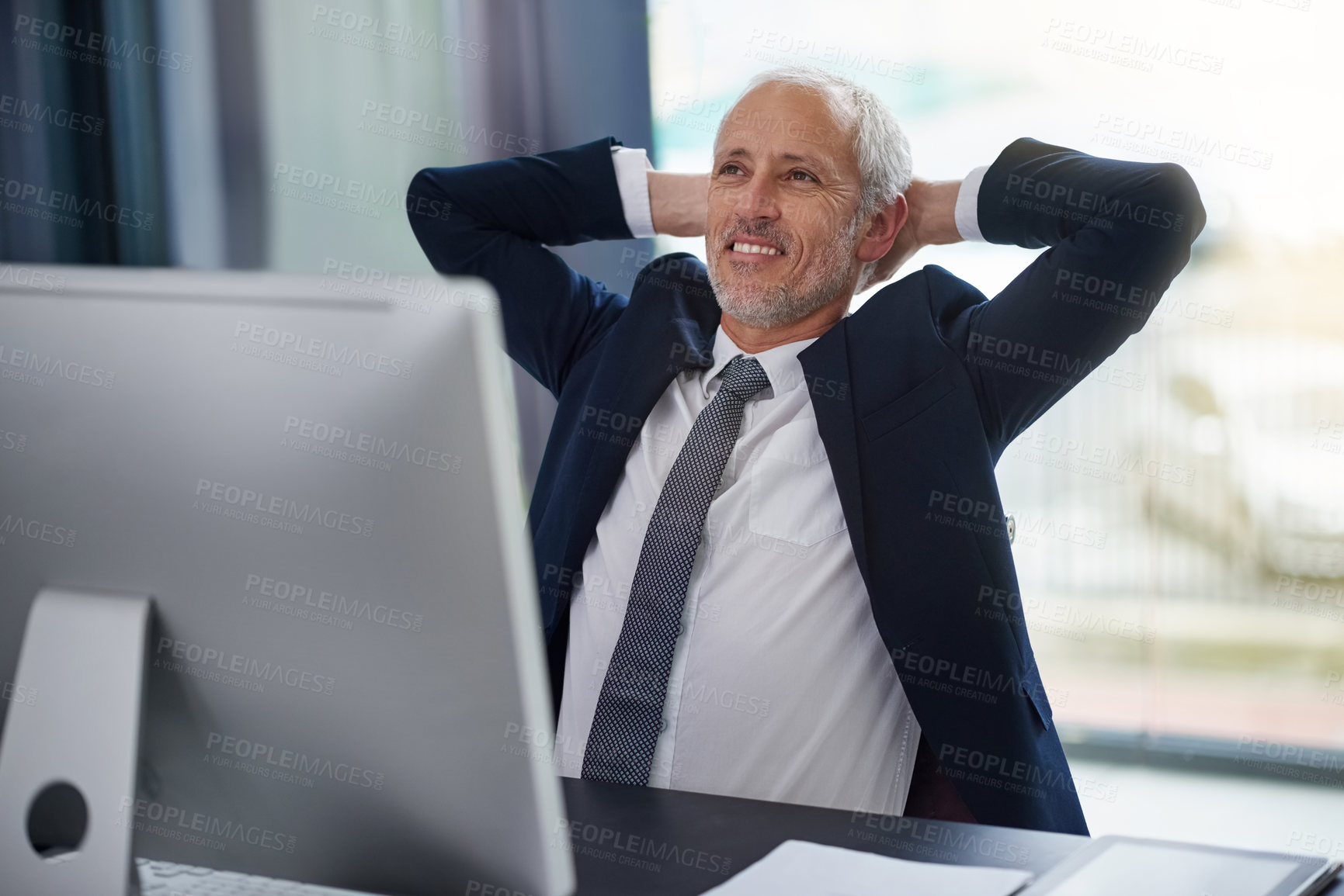 Buy stock photo Relax, office and thinking for businessman, desk and computer for CEO in workplace. Smile, vision and calm for male person or senior management, corporate and finance advisor for investment broker