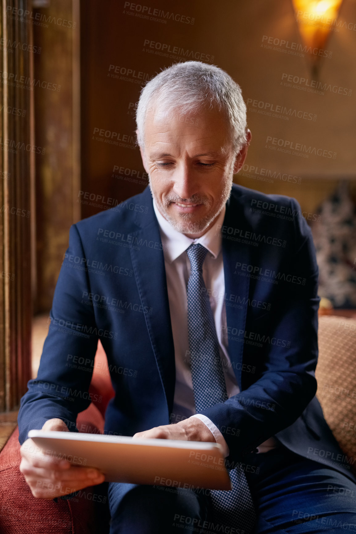 Buy stock photo Business, typing and mature man with tablet, connection and online news for stock market, trading and investment. Person, investor or broker with technology, email or connection with financial report