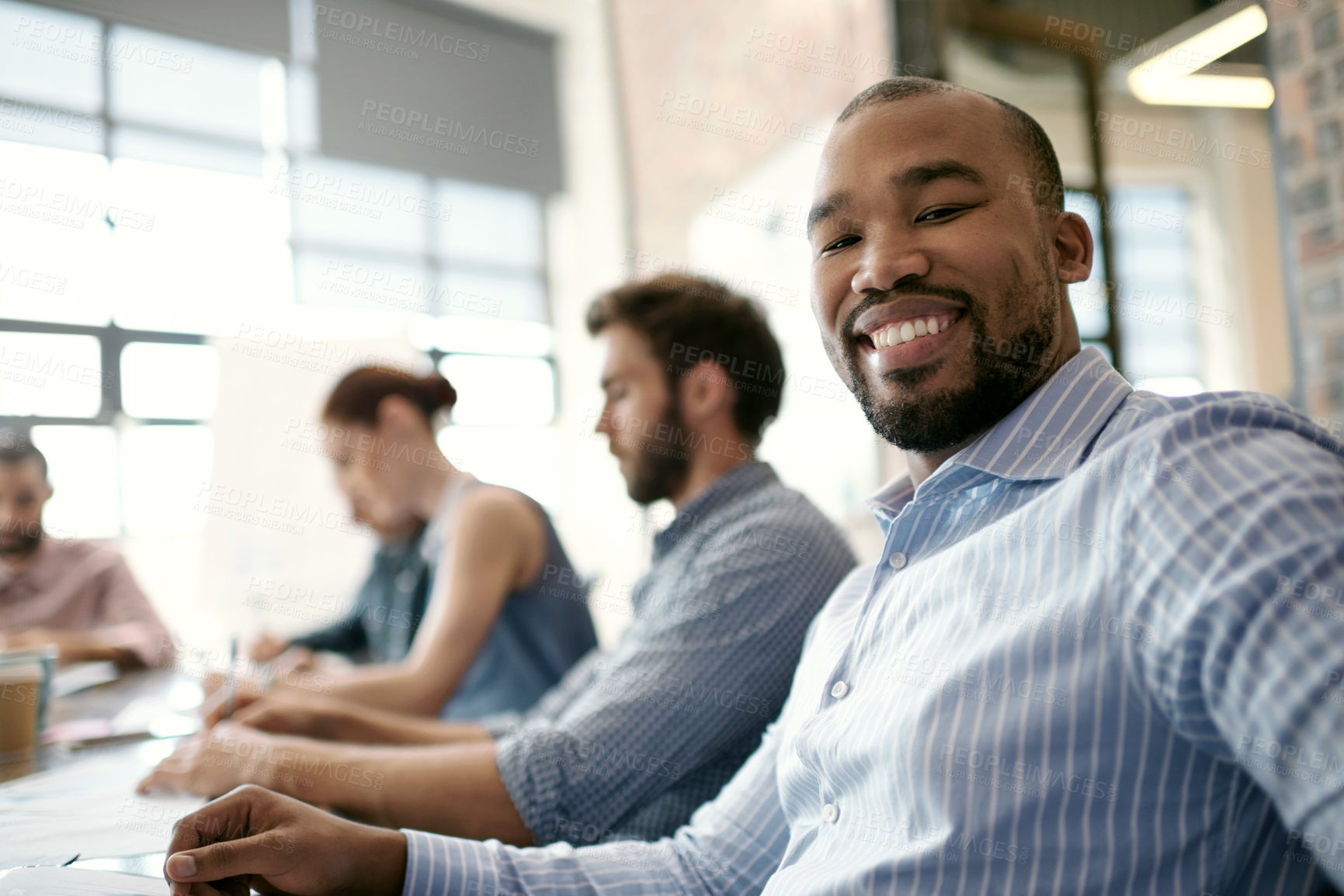 Buy stock photo Portrait, man and business people in a meeting, planning and communication for profit growth. Startup success, support and team in an office, brainstorming and share ideas for corporate training