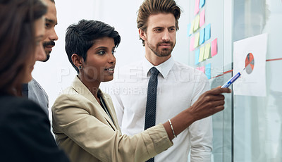 Buy stock photo Woman, team and business chart at whiteboard talking about training and sales project plan. Working, communication and management of a female person with writer staff with planning and statistics