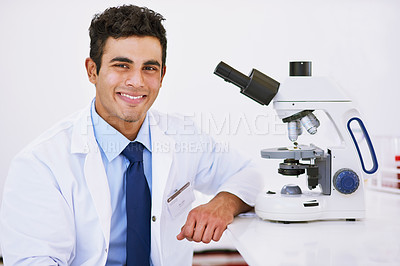 Buy stock photo Portrait, technician and microscope in laboratory for studying, research and innovation or chemistry. Happy, male person or medical scientist with tech for health breakthrough, analytics and biology