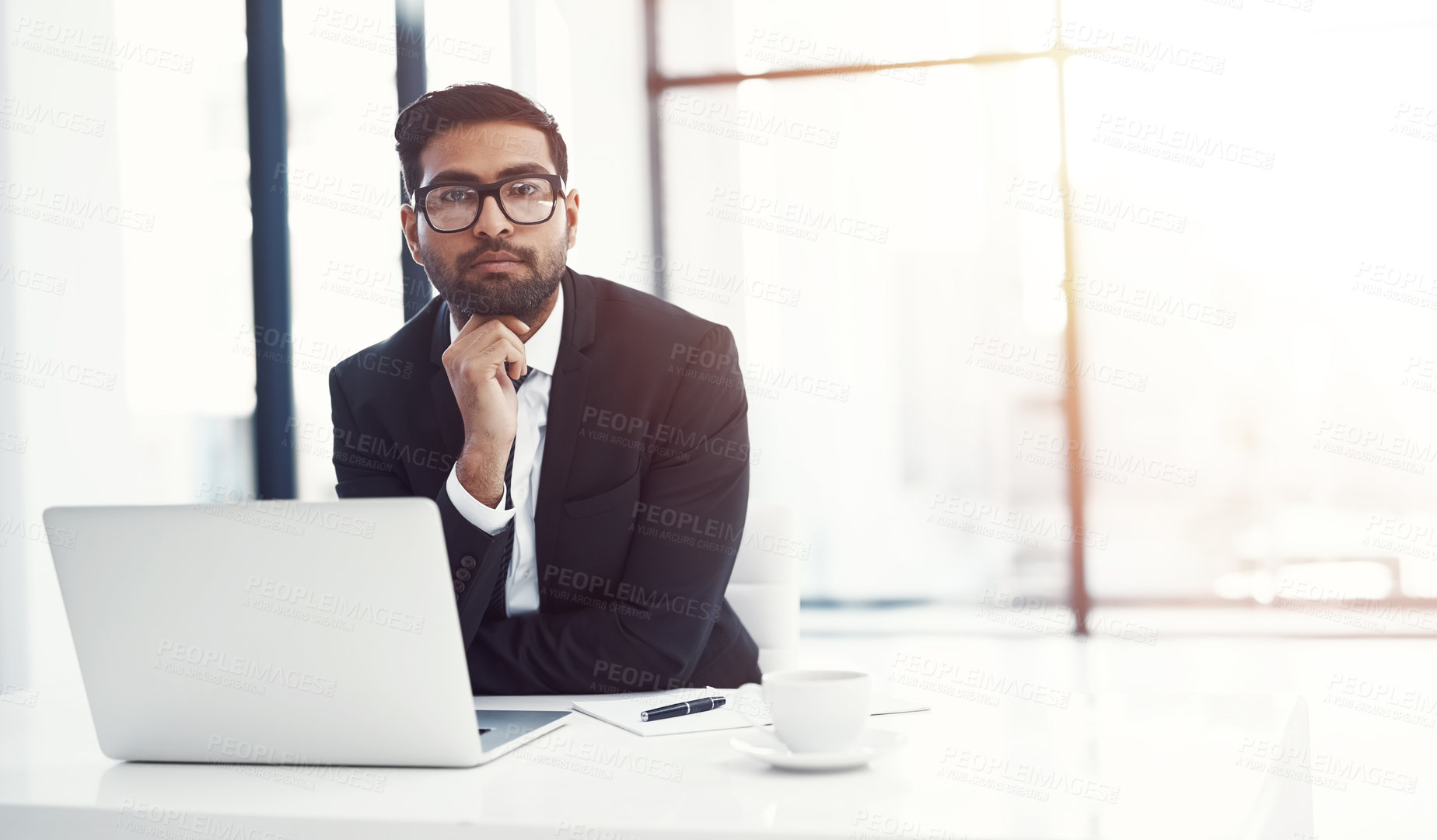 Buy stock photo Coffee, laptop and portrait with business man at desk in office for administration or research. Computer, glasses and internet with serious corporate employee in professional workplace for growth