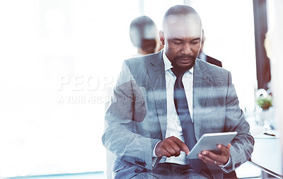 Buy stock photo Lawyer, tablet and black man in office for business, research or online browsing. Serious, digital technology and corporate African attorney reading email, internet app and website on mockup space.