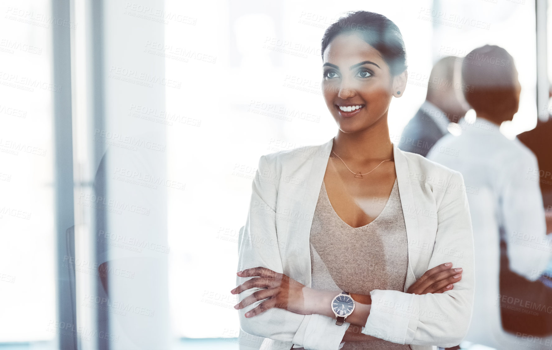 Buy stock photo Business woman, happy and thinking in office for career growth, ambition and company development. Corporate employee, glass and crossed arms in workplace for professional future or work experience