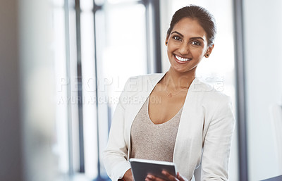Buy stock photo Tablet, accountant and portrait of happy woman in office for business, research app and internet email online. Face, technology and corporate auditor from India with pride for career, job and smile.
