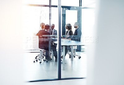 Buy stock photo Strategy, planning and meeting with business people in office for project management, review and brainstorming. Corporate, collaboration and teamwork with group of employees in boardroom for idea