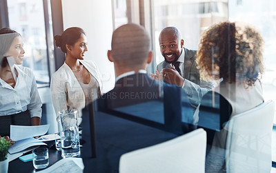 Buy stock photo Support and mentor and meeting with business people in office for project management, ceo review and brainstorming. Corporate, planning and strategy with group of employees in boardroom for idea