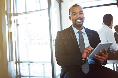 Buy stock photo Tablet, lawyer and portrait of black man in office for business, research app or coworking. Face, technology and smile of corporate African attorney, happy person or professional sitting in company.