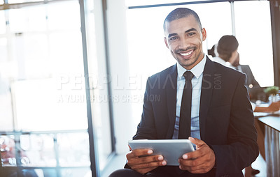 Buy stock photo Lawyer, tablet and portrait of happy man in office for business email, online research app or working on career. Face, technology and smile of corporate attorney, professional or person in company.