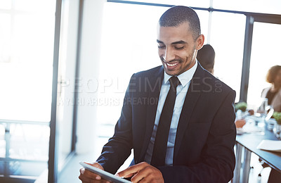 Buy stock photo Lawyer, tablet and happy man in office for business email, online research app or working. Smile, technology or corporate attorney reading information, internet website or typing to scroll in company