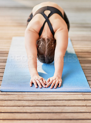 Buy stock photo Woman, home and stretching with yoga for fitness, exercise and Childs pose. Female person, workout and active with mat on sportswear for health, self care and wellness or wellbeing for mindfulness