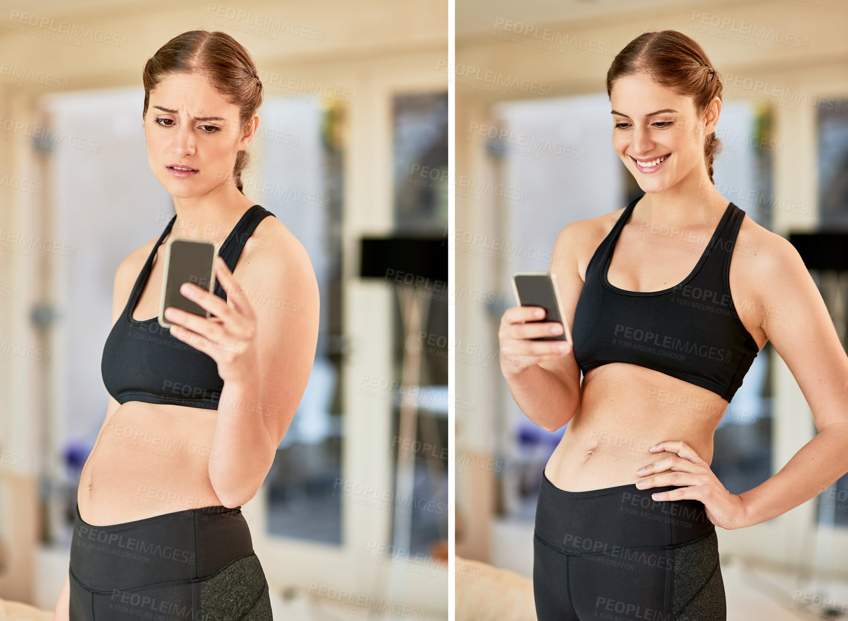 Buy stock photo Before and after shot of a young woman taking selfies to track her progress