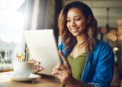 Buy stock photo Restaurant, business and woman with tablet, typing and connection with internet, email and digital app. Person, copywriting and girl in coffee shop, tech or network with social media and cappuccino