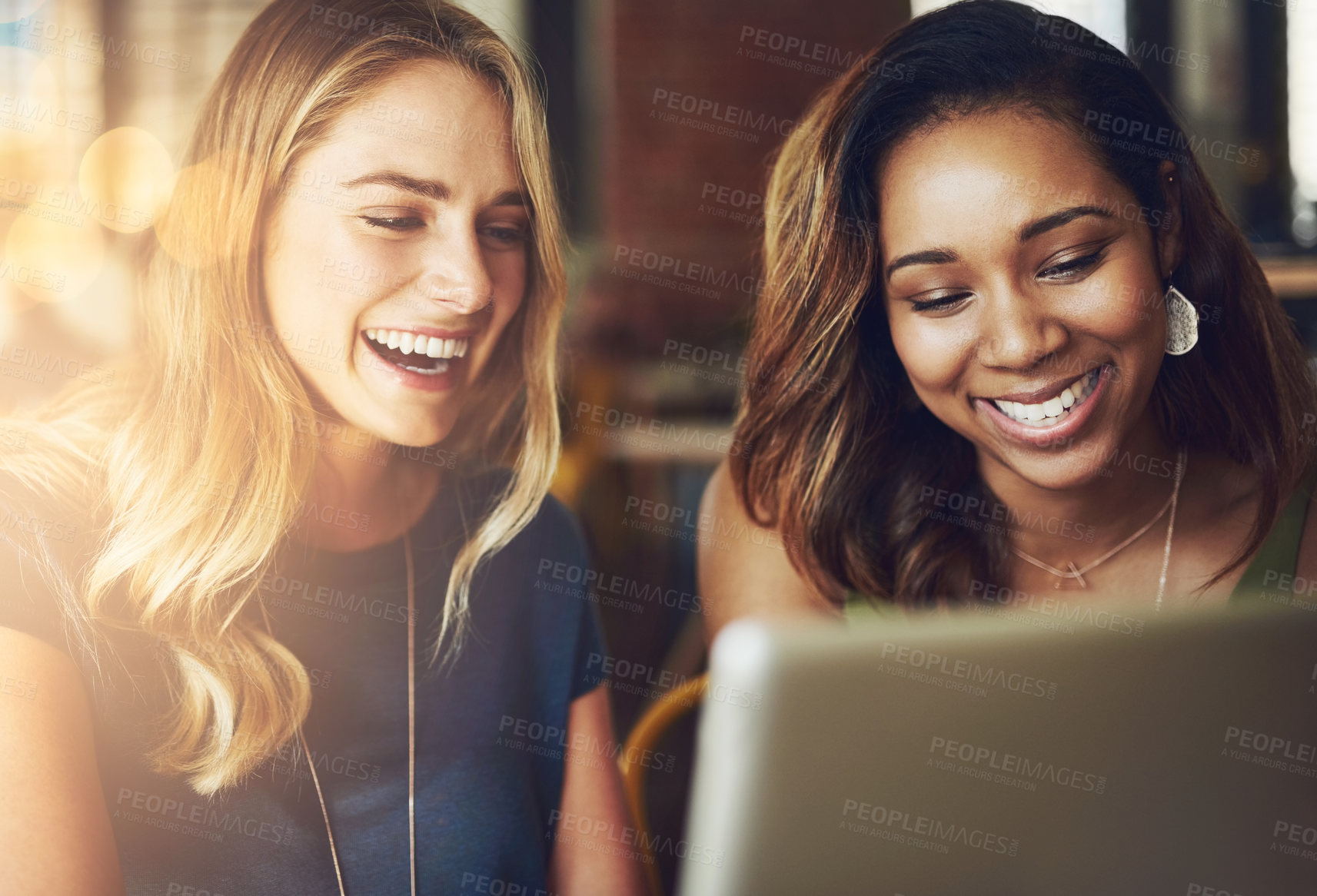 Buy stock photo Laugh, tablet and women in cafe together checking social media, online business plan or networking. Remote work, partnership and friends in coffee shop with digital app, smile and internet connection