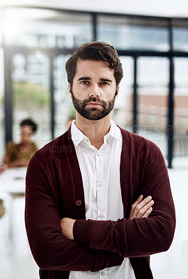 Buy stock photo Defocused shot of a young businessman posing with his colleagues sitting in the background