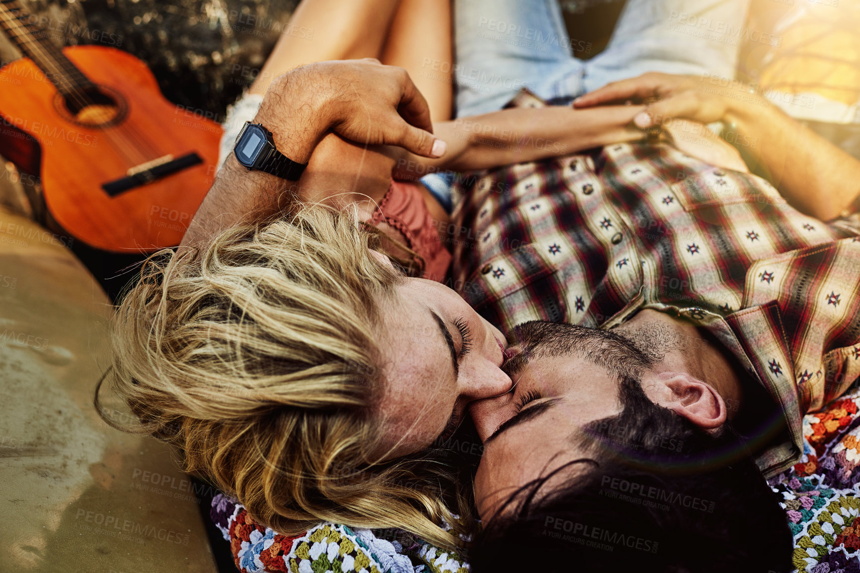 Buy stock photo Above, couple and sleeping with cuddle for love, partner affection and romance for afternoon nap. Tired, woman and man kissing with embrace for bonding, people hugging and dreaming for weekend break