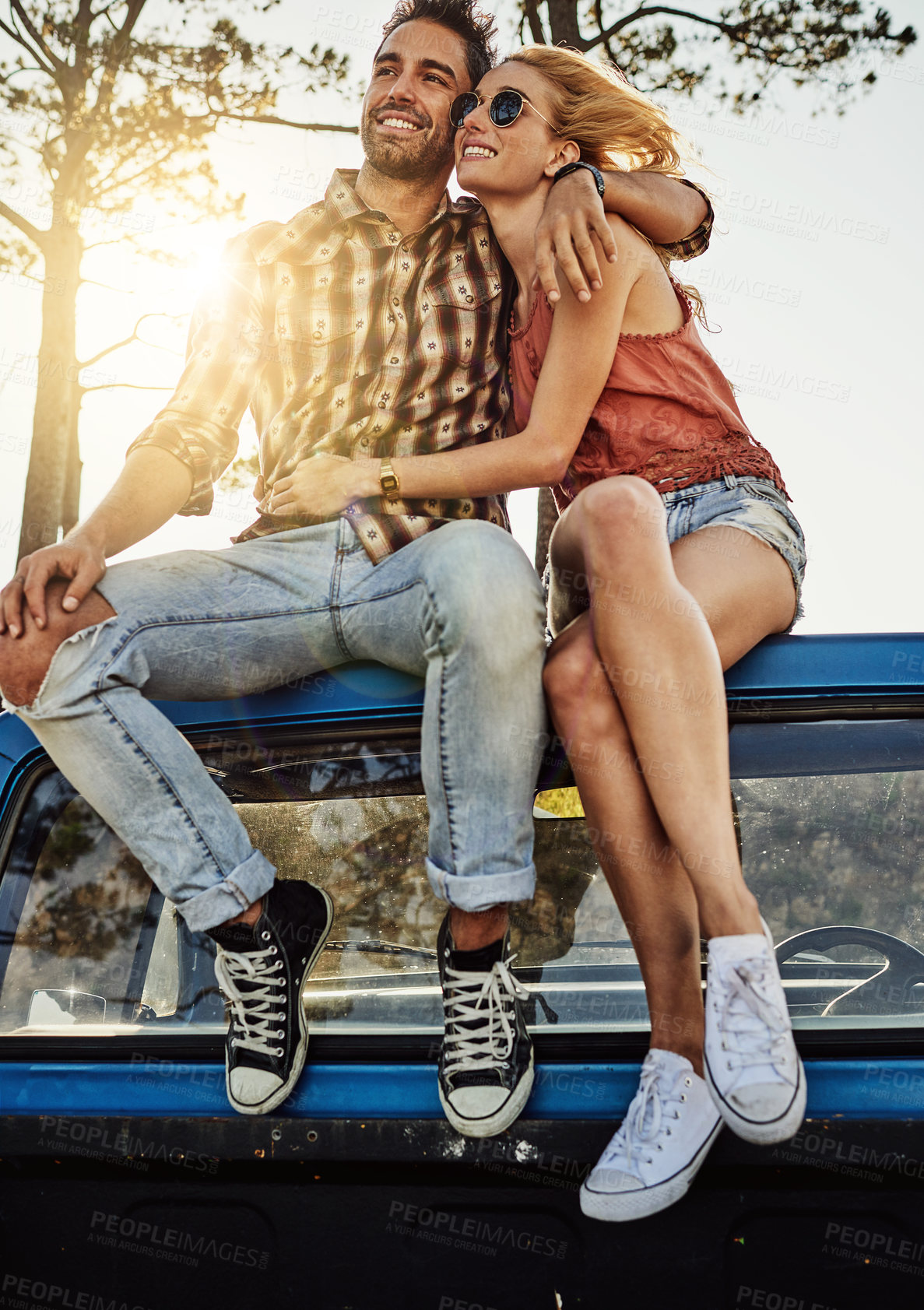 Buy stock photo Shot of an affectionate couple pulling over to admire the scenery while on a road trip