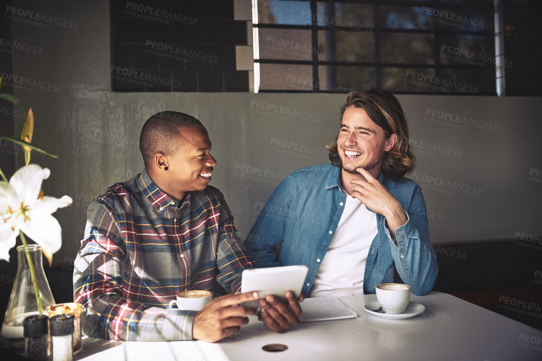 Buy stock photo Men, tablet and client for planning in cafe, teamwork and remote work for startup company. People, collaboration and journalism in coffee shop, speaking and support on research for online article