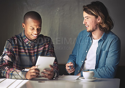 Buy stock photo People, tablet and book for meeting in cafe, teamwork and remote work for startup company. Partners, collaboration and journalism in coffee shop, speaking and support on research for online article
