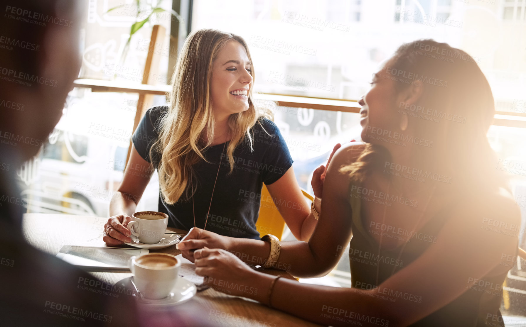 Buy stock photo Laughing, friends or women in coffee shop for support, funny conversation or gossip news together. Happy, talking or people speaking of drinking espresso or tea in discussion or chat in cafe diner