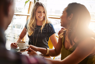 Buy stock photo Smile, students and friends drinking coffee in shop for talking, conversation or social gathering together in restaurant. Happy women, group and relax in cafe for chat, news or laughing gossip story
