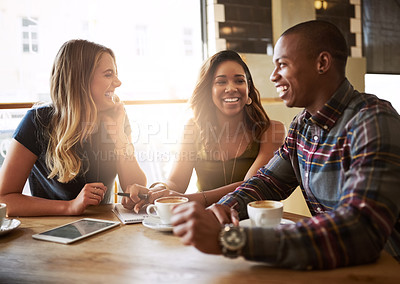 Buy stock photo Sunshine, group and friends in cafe, smile and coffee with catch up, communication and happiness. Conversation, man and women with sunlight, cappuccino and latte with discussion, relax and talking