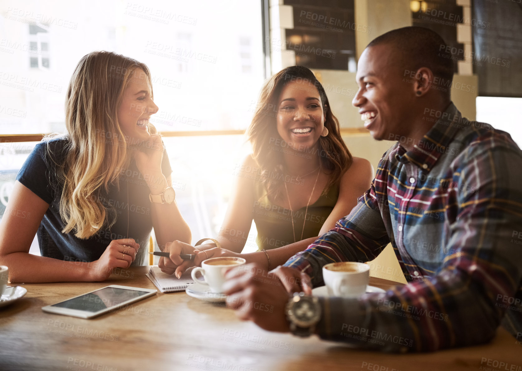 Buy stock photo Sunshine, group and friends in cafe, smile and coffee with catch up, communication and happiness. Conversation, man and women with sunlight, cappuccino and latte with discussion, relax and talking