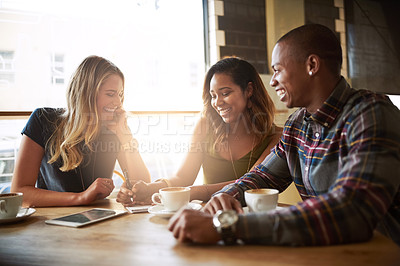 Buy stock photo Smile, students and friends in coffee shop for talking, conversation or studying together in restaurant. Happy people, group and relax in cafe at university for learning, laughing or writing notes