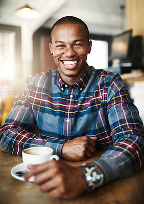 Buy stock photo Black man, drinking coffee and portrait in restaurant for happiness, breakfast or beverage in morning. Male person, smile and positive with mug, pride and comfort for weekend, relax and peace in cafe