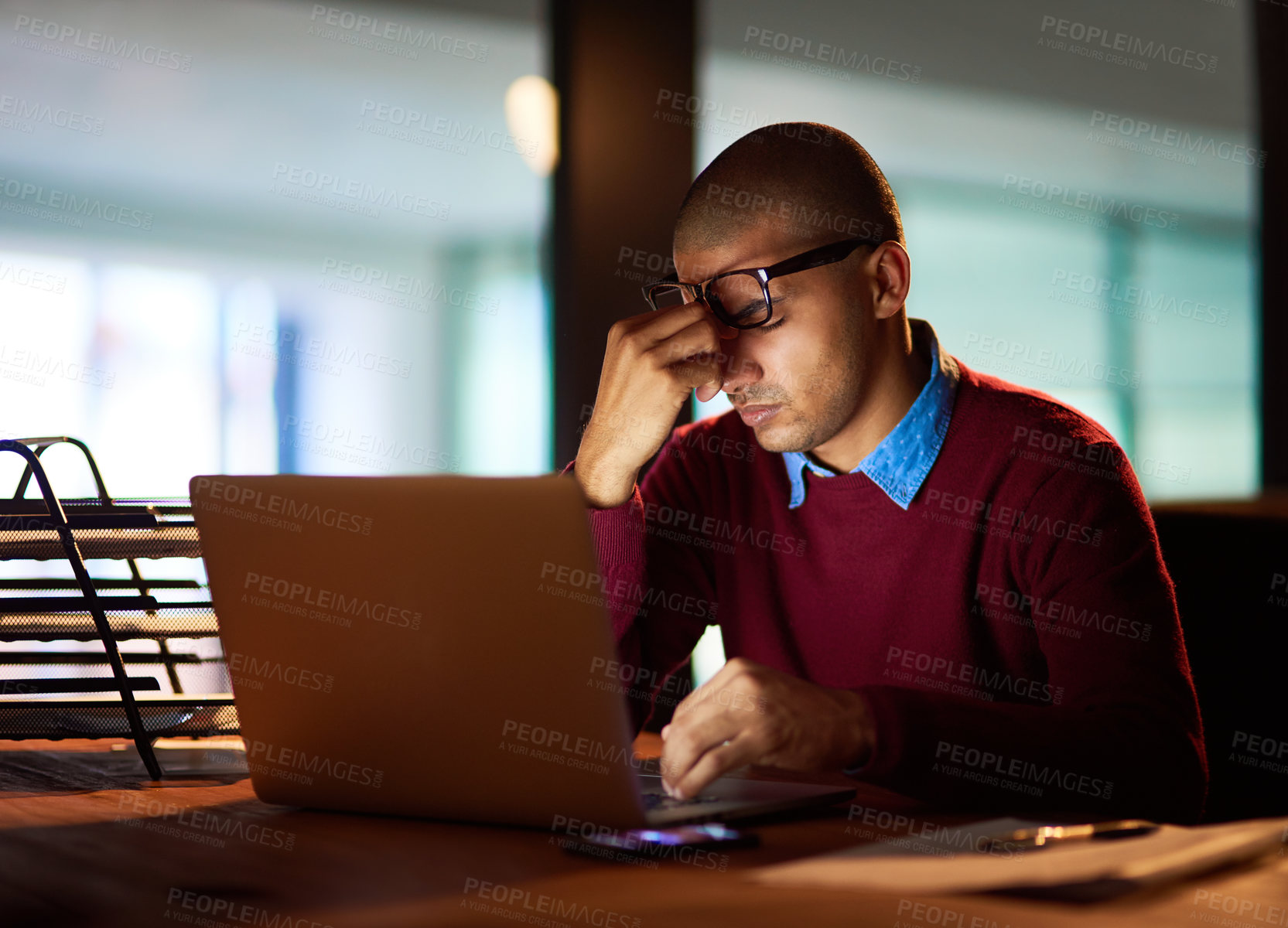 Buy stock photo Stress, headache and businessman with glasses, laptop or vertigo in night office with eye strain, fatigue or mistake. Startup, burnout and manager frustrated by blurred vision, glitch or 404 disaster