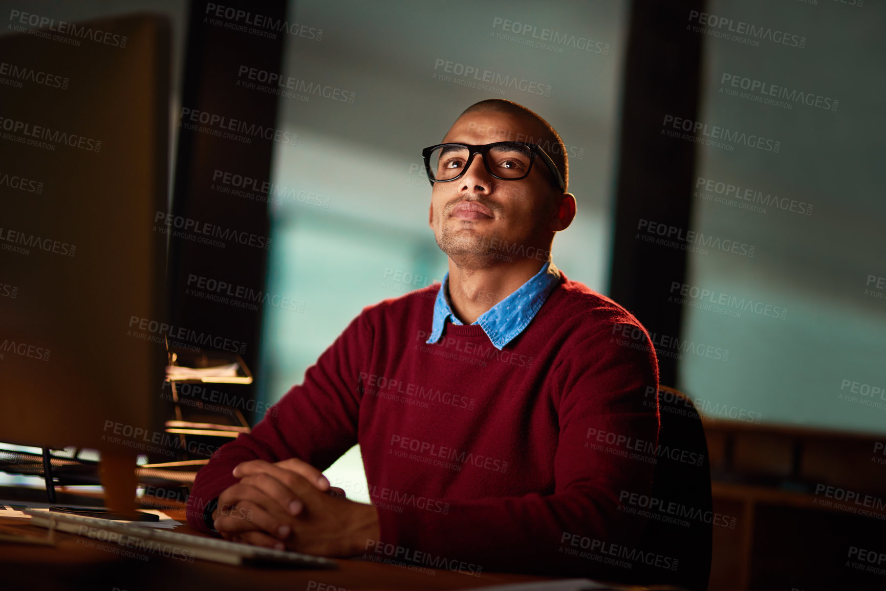 Buy stock photo Night, thinking and man with computer, glasses and ideas for online project at startup agency. Research, internet and consultant at desk with vision, inspiration and business planning in dark office