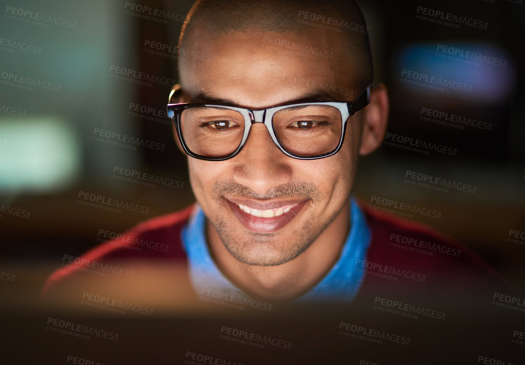 Buy stock photo Night, smile and businessman with computer, glasses and planning for online editing project at agency. Research, internet and happy man checking article, review or copywriting report in dark office