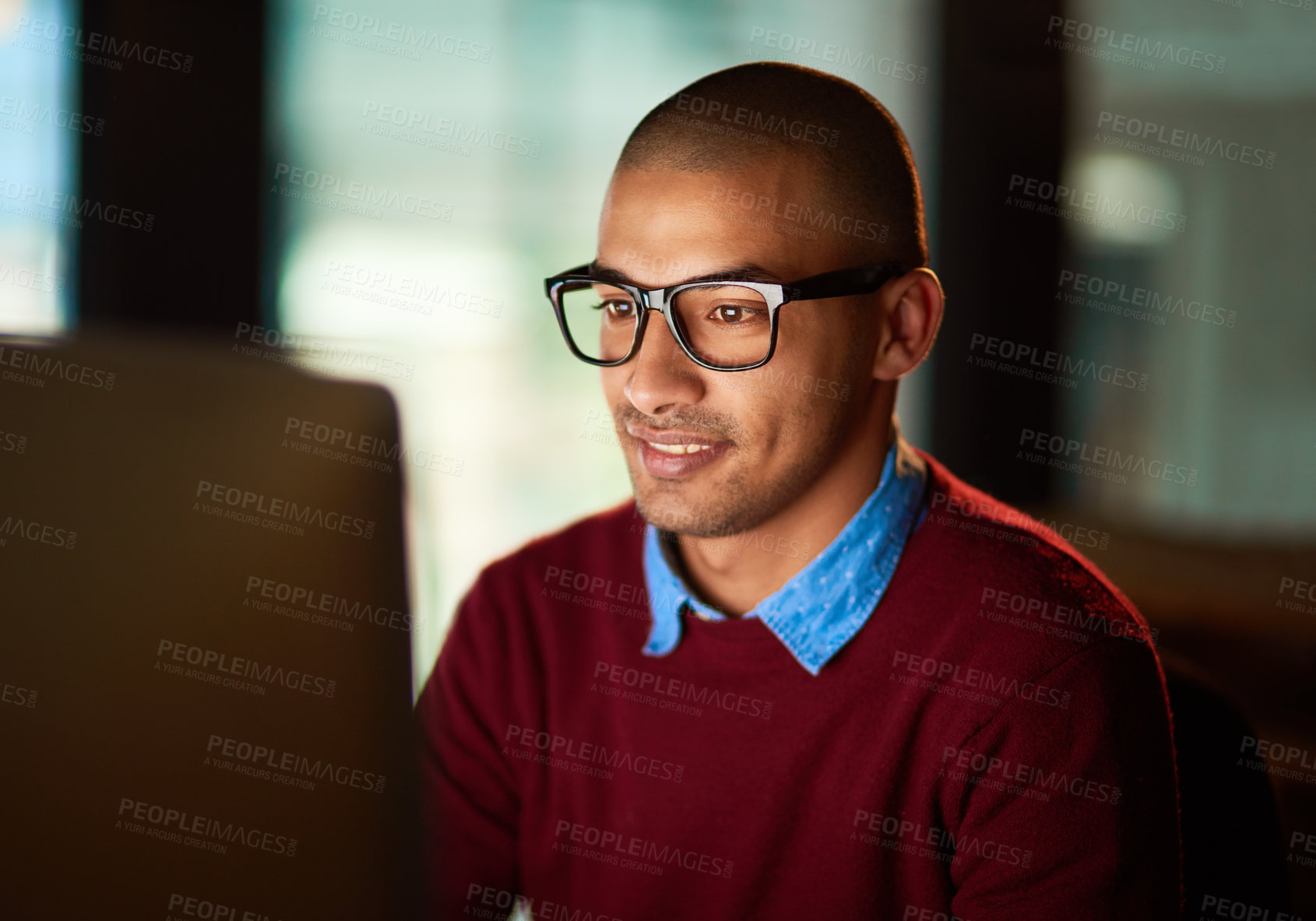 Buy stock photo Night, reading and businessman with computer, glasses and planning for online editing project at agency. Research, internet and man writing article, review or copywriting report in dark office