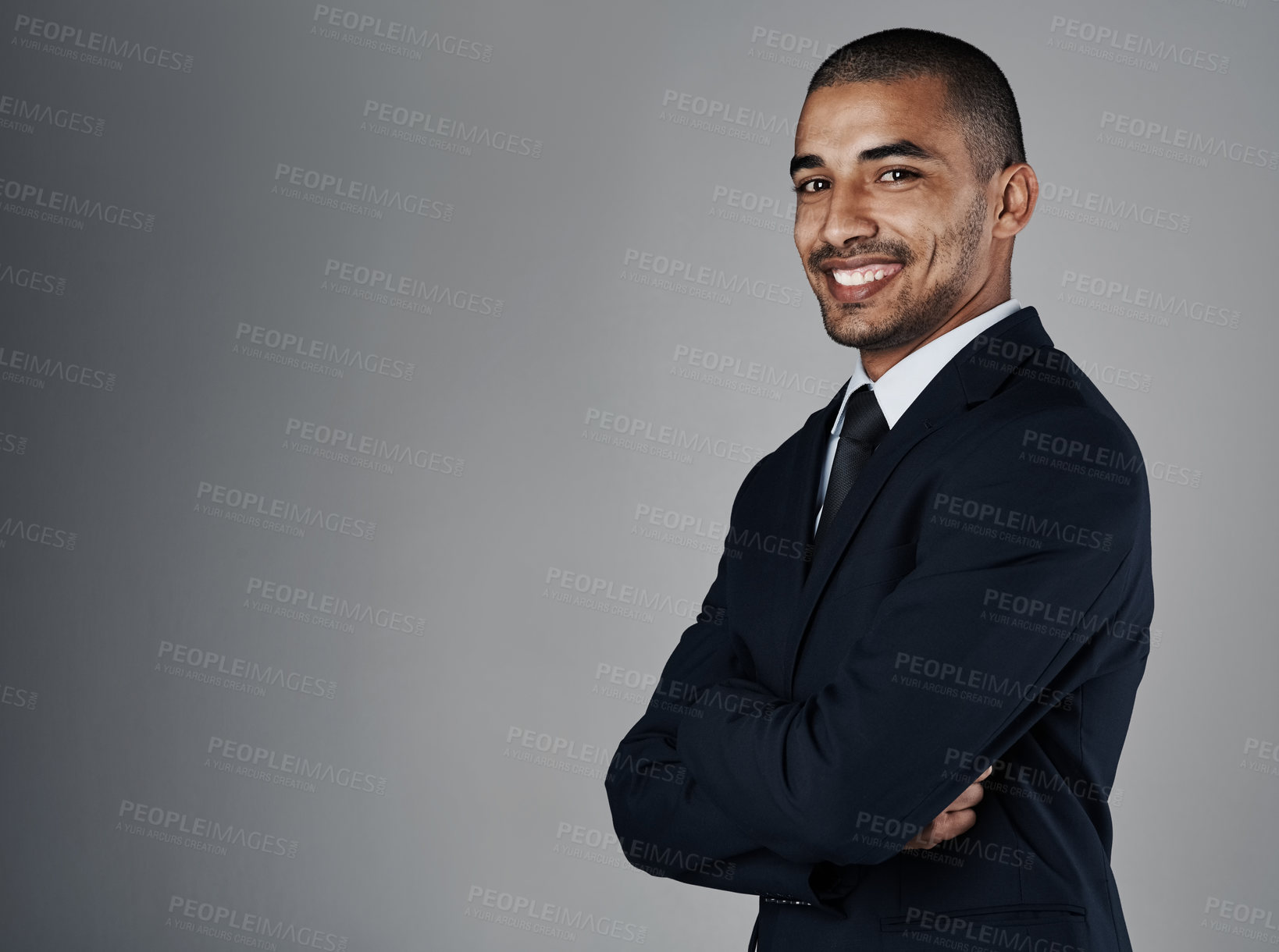 Buy stock photo African man, portrait and business with arms crossed and confidence from job pride in studio. Lawyer, smile and professional with corporate career and attorney success with mockup and grey background