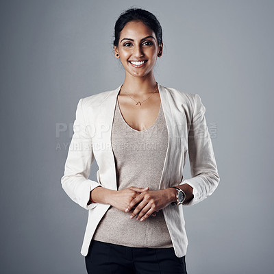Buy stock photo Smile, professional and portrait of business woman in studio for mindset, natural or confidence. Happy, corporate and career with face of female employee on grey background for manager and pride