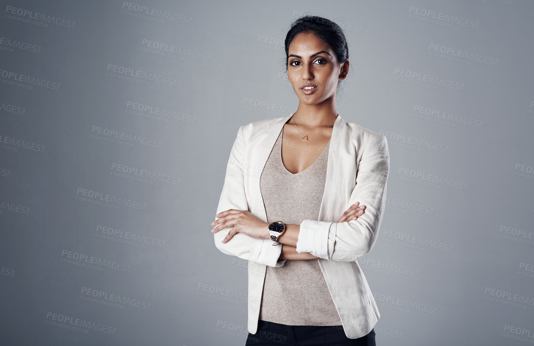 Buy stock photo Employee, woman and portrait with arms crossed in studio for ideas, future and vision on gray background. Indian person, mockup space and confidence for career growth or job opportunity with ambition