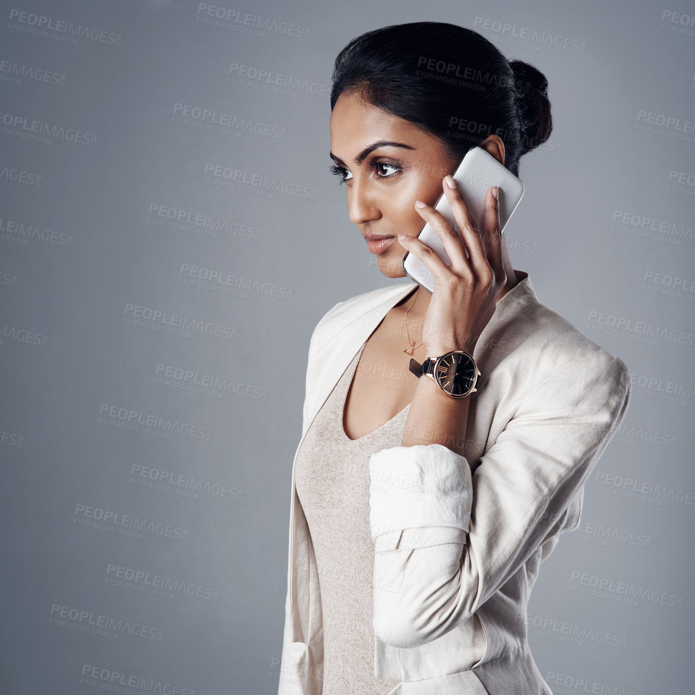 Buy stock photo Phone call, business woman and communication or conversation with contact, client or customer in corporate job. Talking, professional crm and Indian model with mobile for b2b, work or discussion