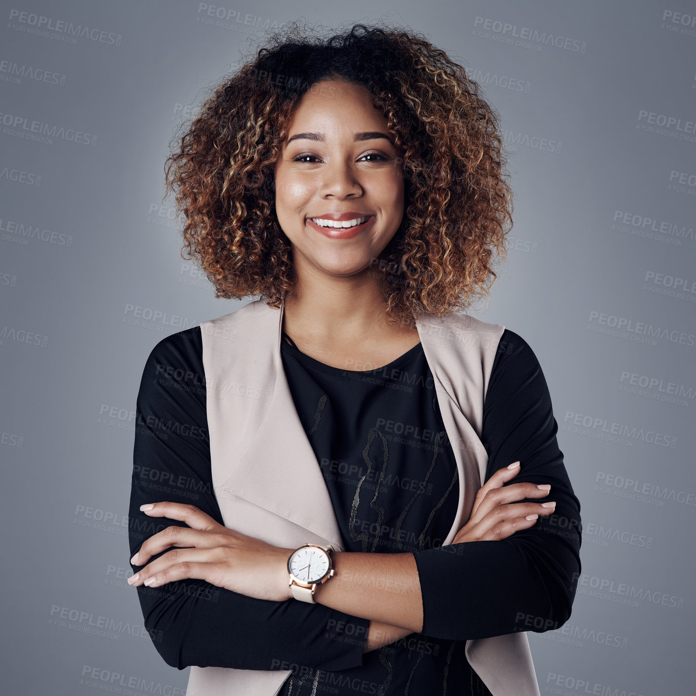 Buy stock photo Career, arms crossed and portrait of business woman in studio for professional, natural or confidence. Happy, entrepreneur and smile with face of employee on grey background for manager and pride