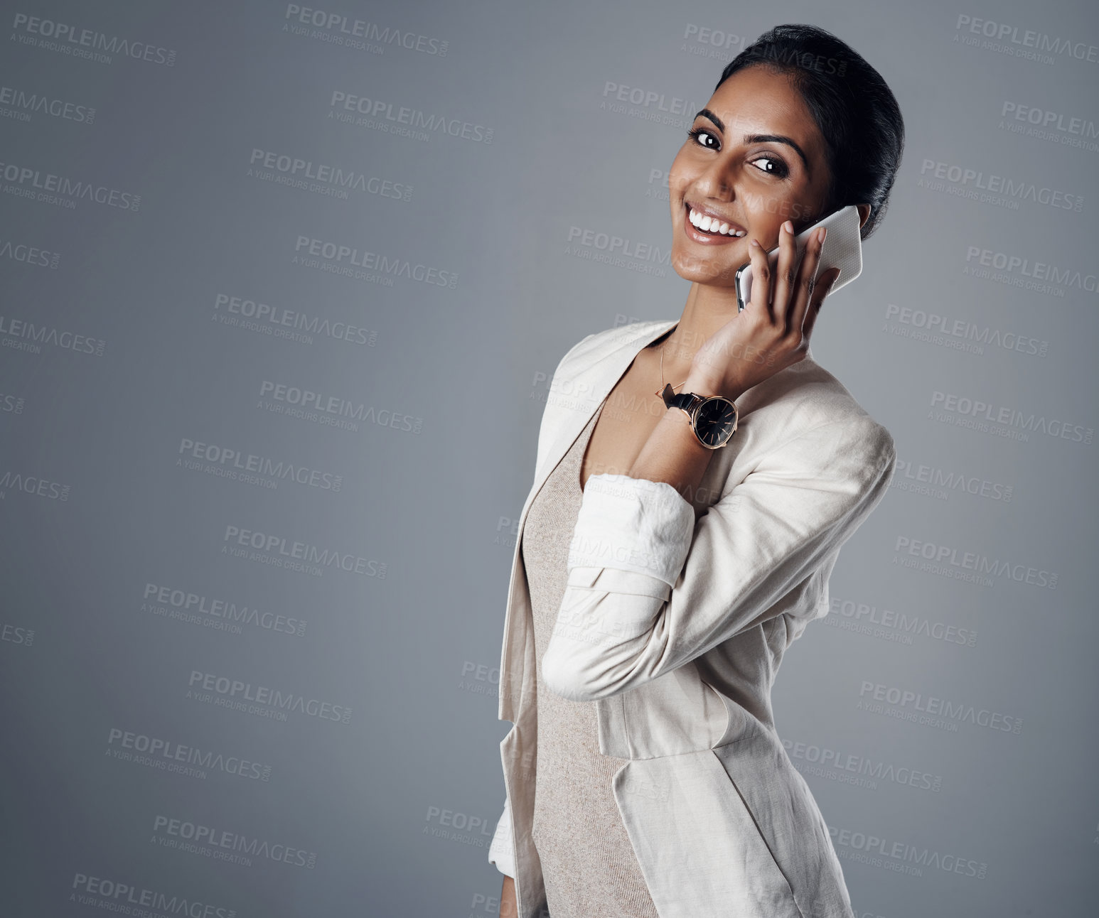 Buy stock photo Portrait, phone call and business woman in communication or conversation with corporate contact, client or customer. Talking, professional crm and Indian model with mobile for b2b, work or discussion