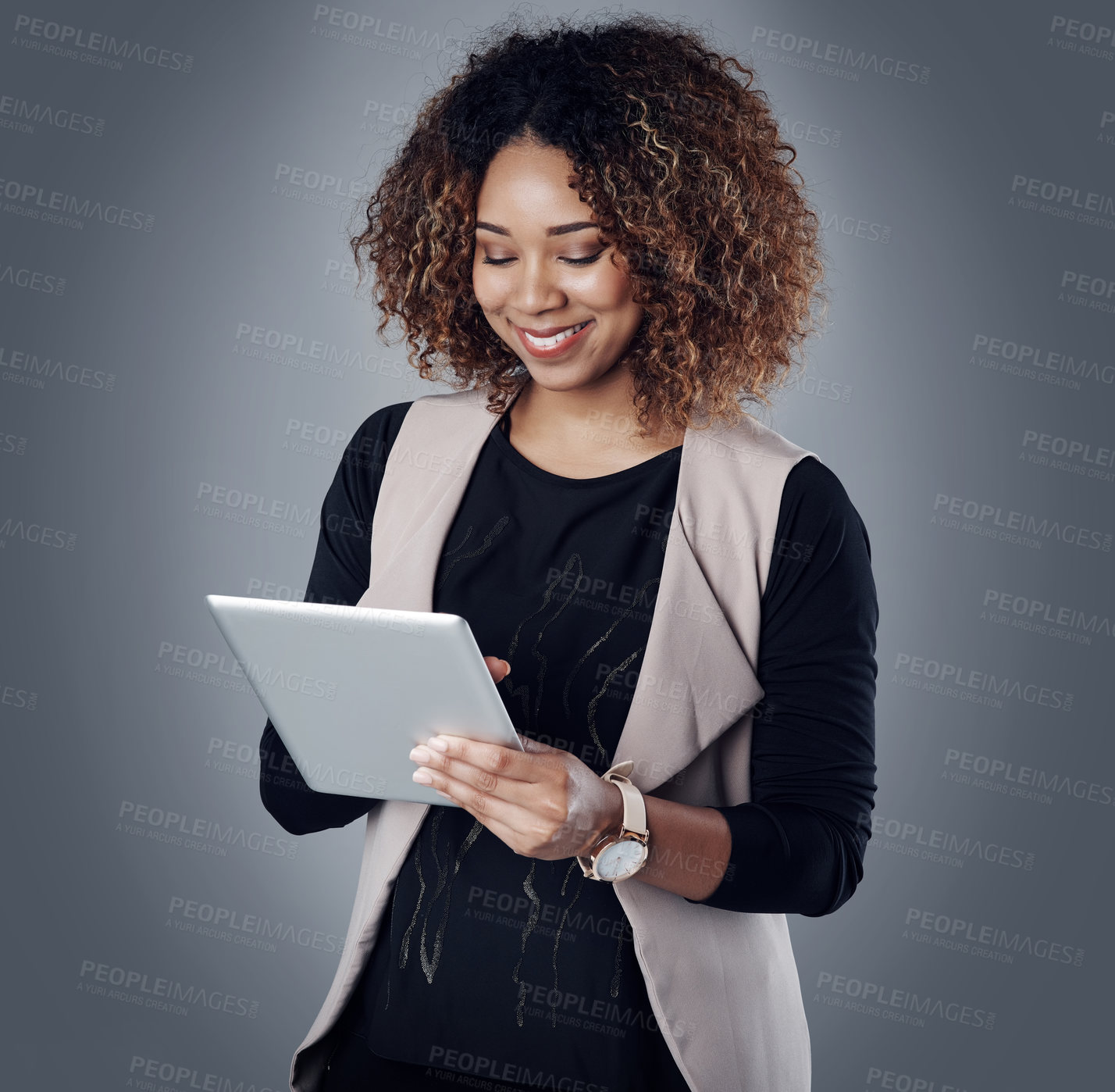 Buy stock photo Online communication, businesswoman with tablet and against a studio background for accounting. Technology or connectivity, finance and woman accountant happy for financial report or data review