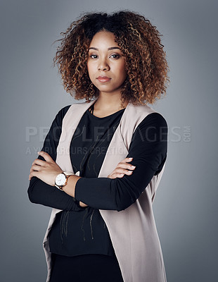 Buy stock photo Confident, portrait of a businesswoman against a studio background for serious mindset. Empowerment or assertive, elegance or proud and female person pose for success with arms crossed in backdrop